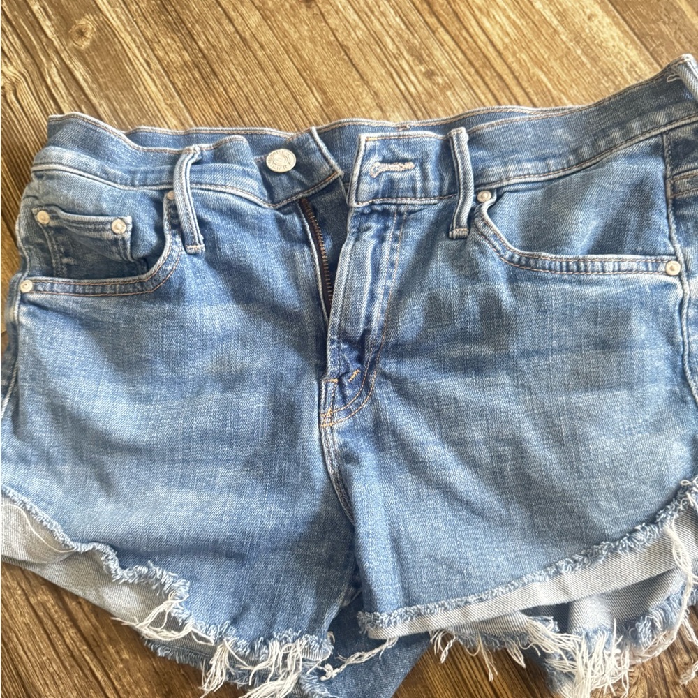 MOTHER Blue Jean Shorts with Frayed Hem